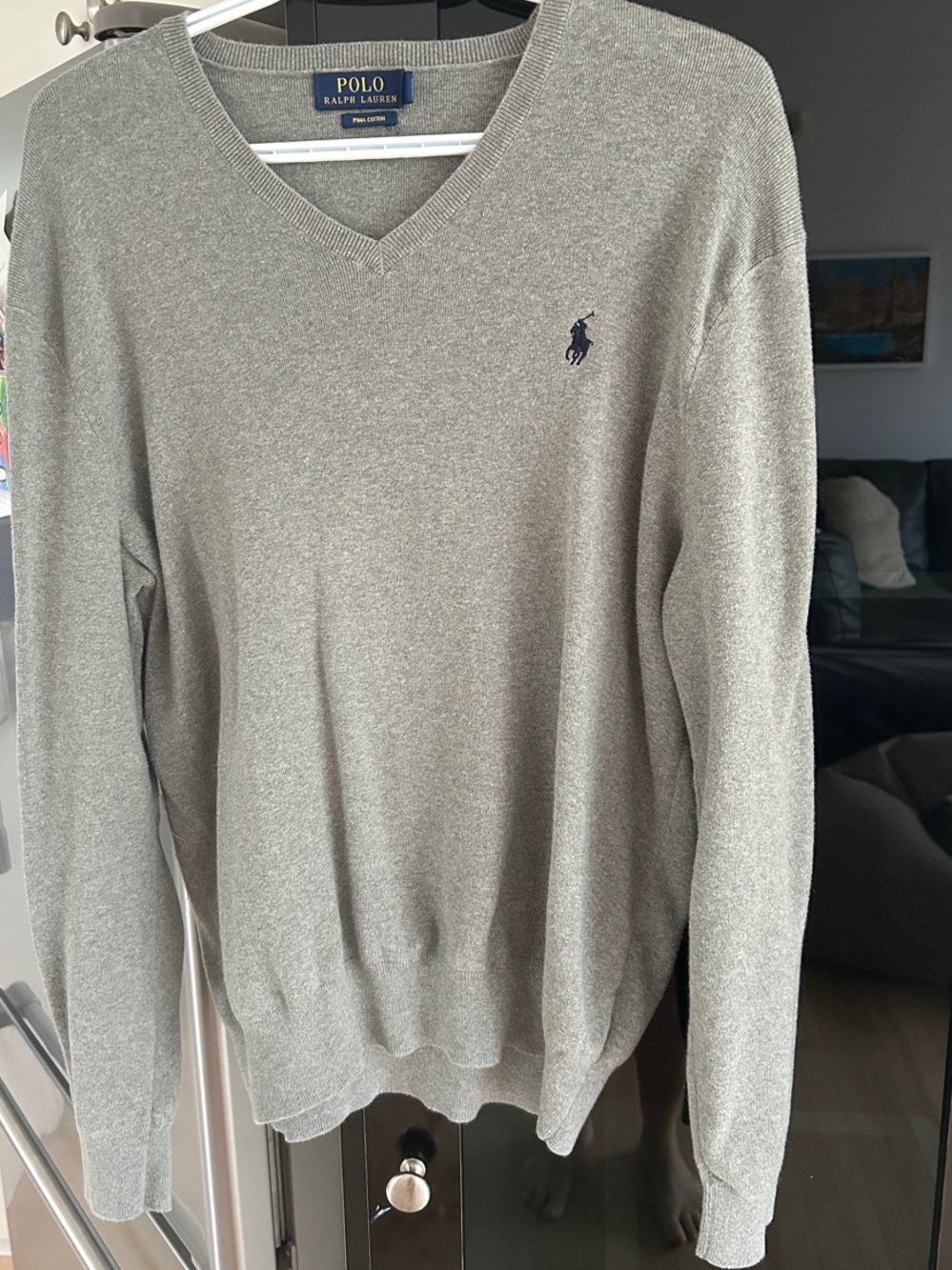 Polo by Ralph Lauren Men's Light Gray V-Neck Sweater with Navy Pony